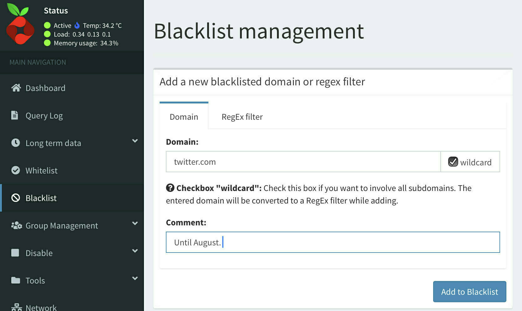 A screenshot of PiNole with twitter.com blacklisted.