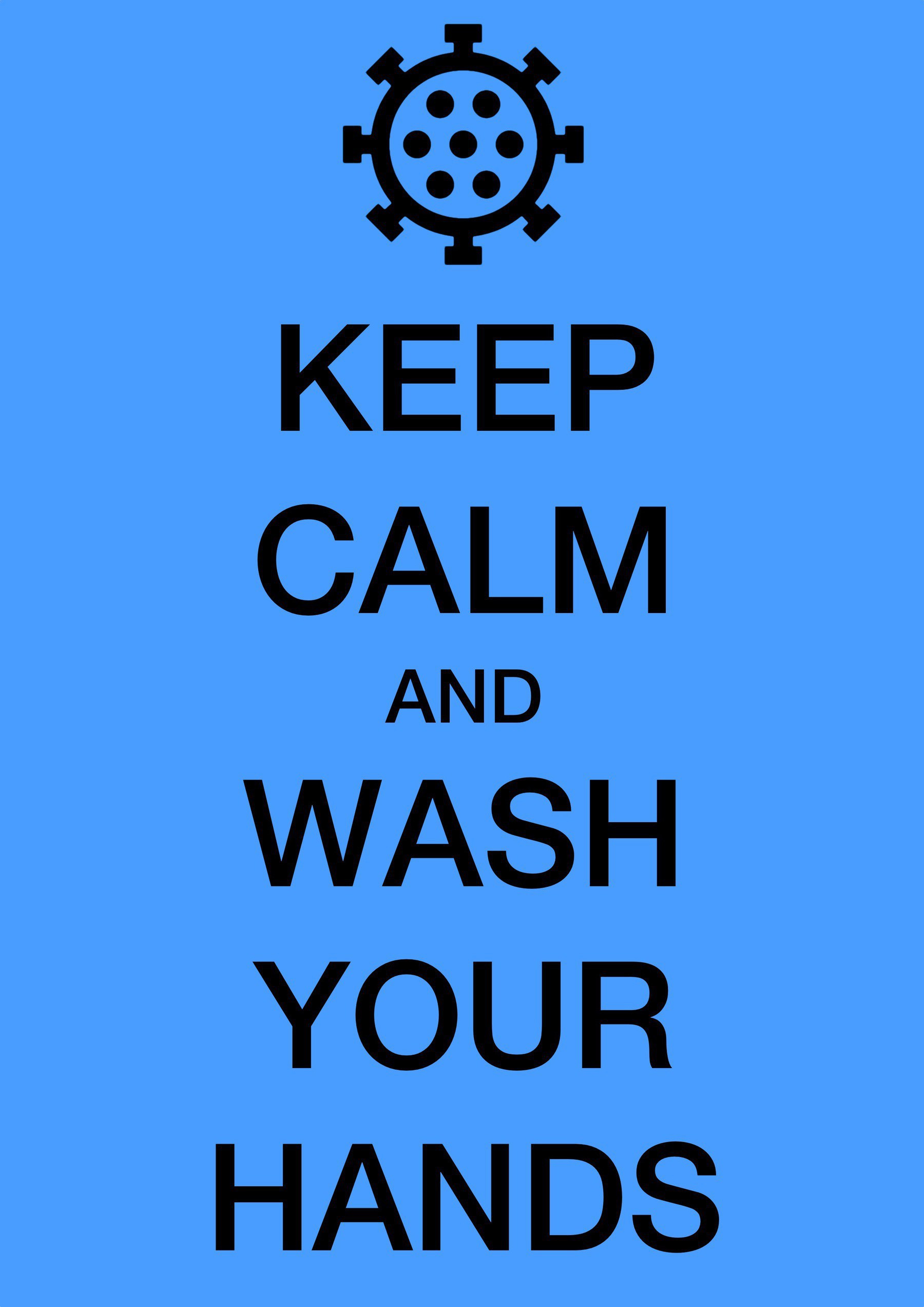 A poster in the style of the Keep Calm and Carry On posters of the second world war, but with a Carona virus on top instead of a crown, ad the word Keep Calm and Wash Your Hands