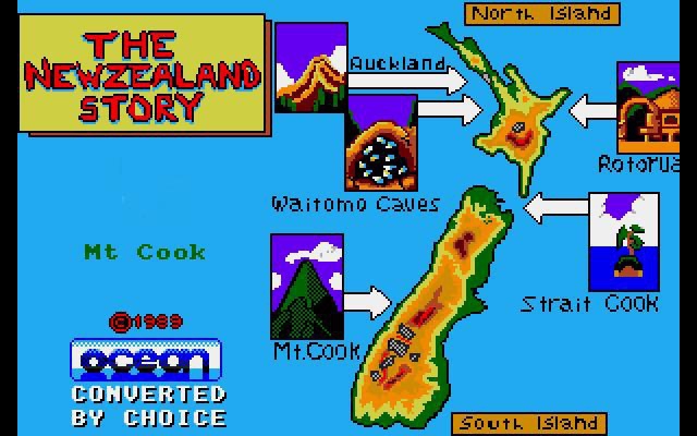 The map of New Zealand from the video game The NewZealand Story. It feature a palm tree growing on a tropicalisland in the Cook Strait (labelled Strait Cook) among other weird features, like showing Auckland as a giant mountain in the bush.