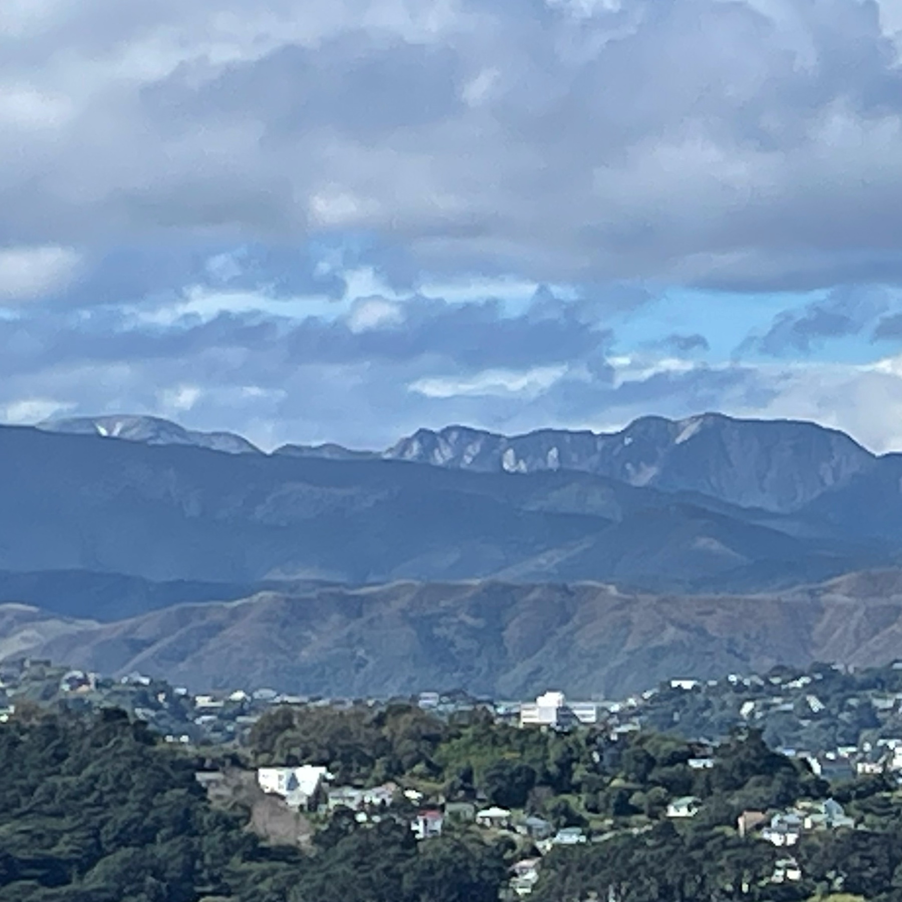 The Remutaka mountain range, east of Pōneke (Wellington), pictured from the western hills of Pōneke
