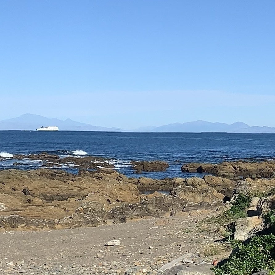 a view of the South Island from Wellingron's south coast on the north island, with the Interisland Ferry in view on its way to the port of Picton