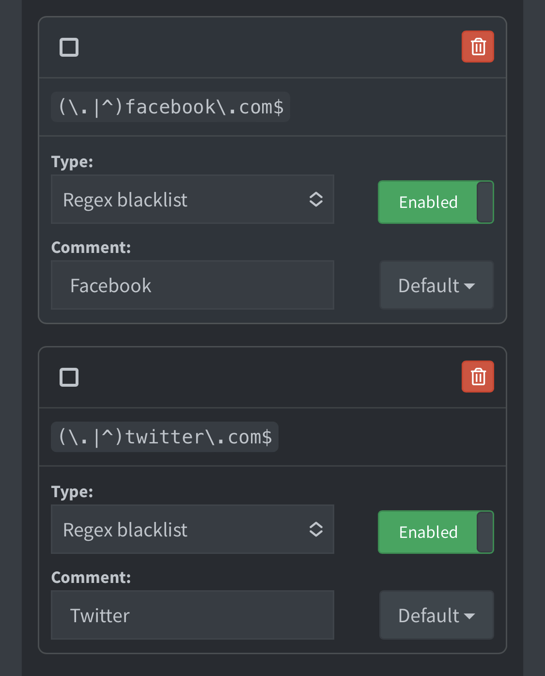 My pihole blacklist containing two entries - both wildcard entries for facebook.com and now twitter.com