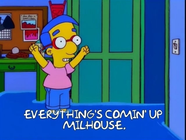 A acresnshot from The Simpsons. The character Milhouse is standing in knee deep water, his hands triumphantly raised. The caption reads "Everything's coming up Milhouse!"