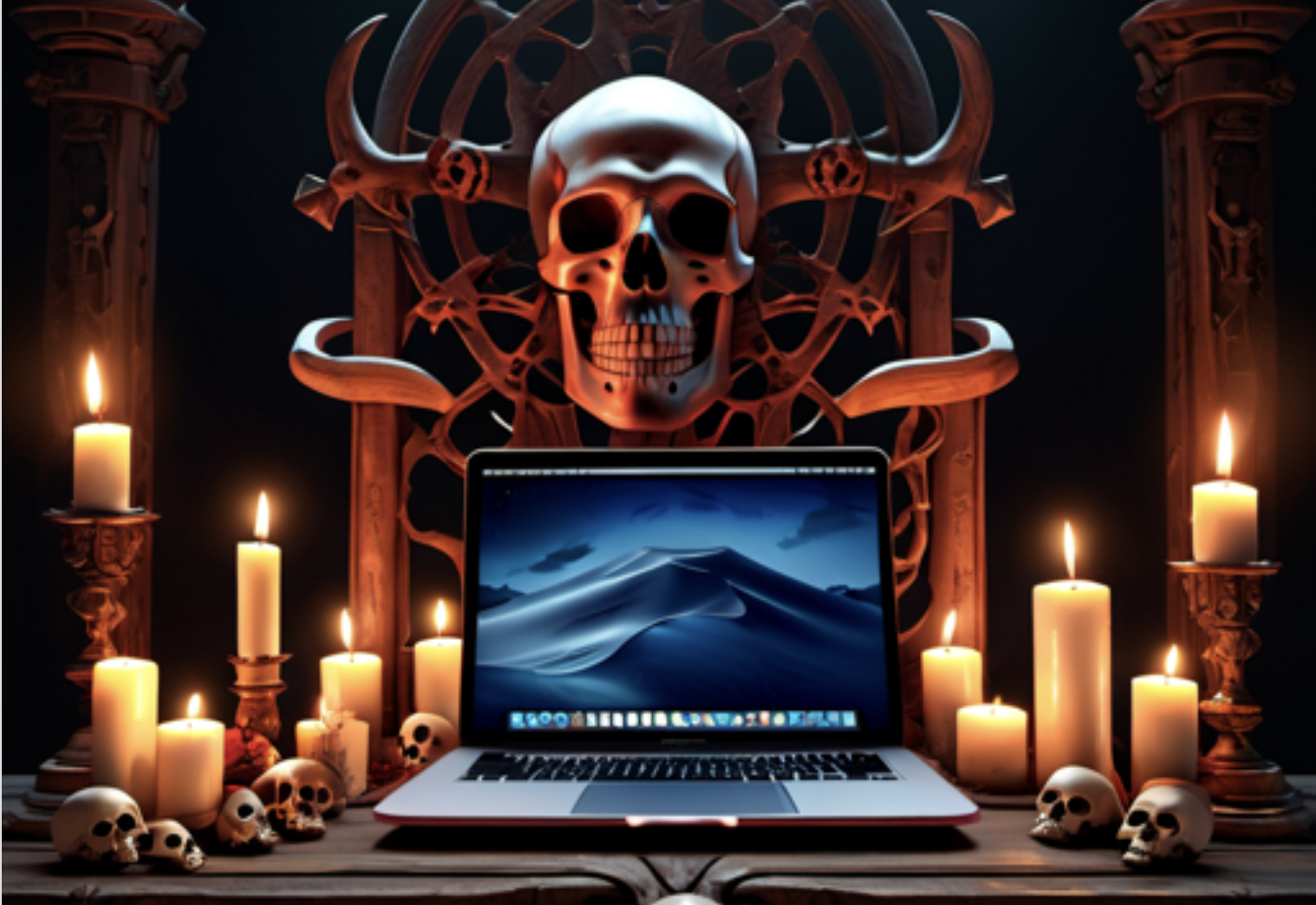 A Macbook Air sitting int he middle of a satanic alter, surrounded by candles and ornamental skulls