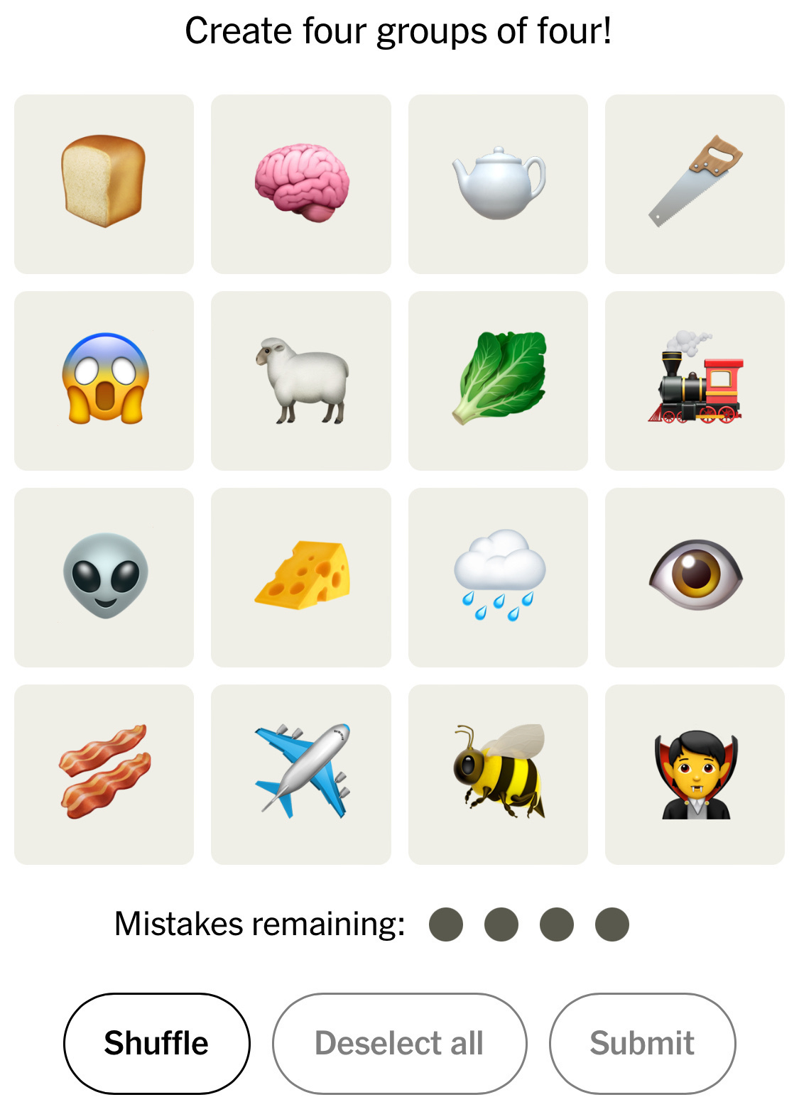 Today’s Connections on the NYT. It’s all emoji. 