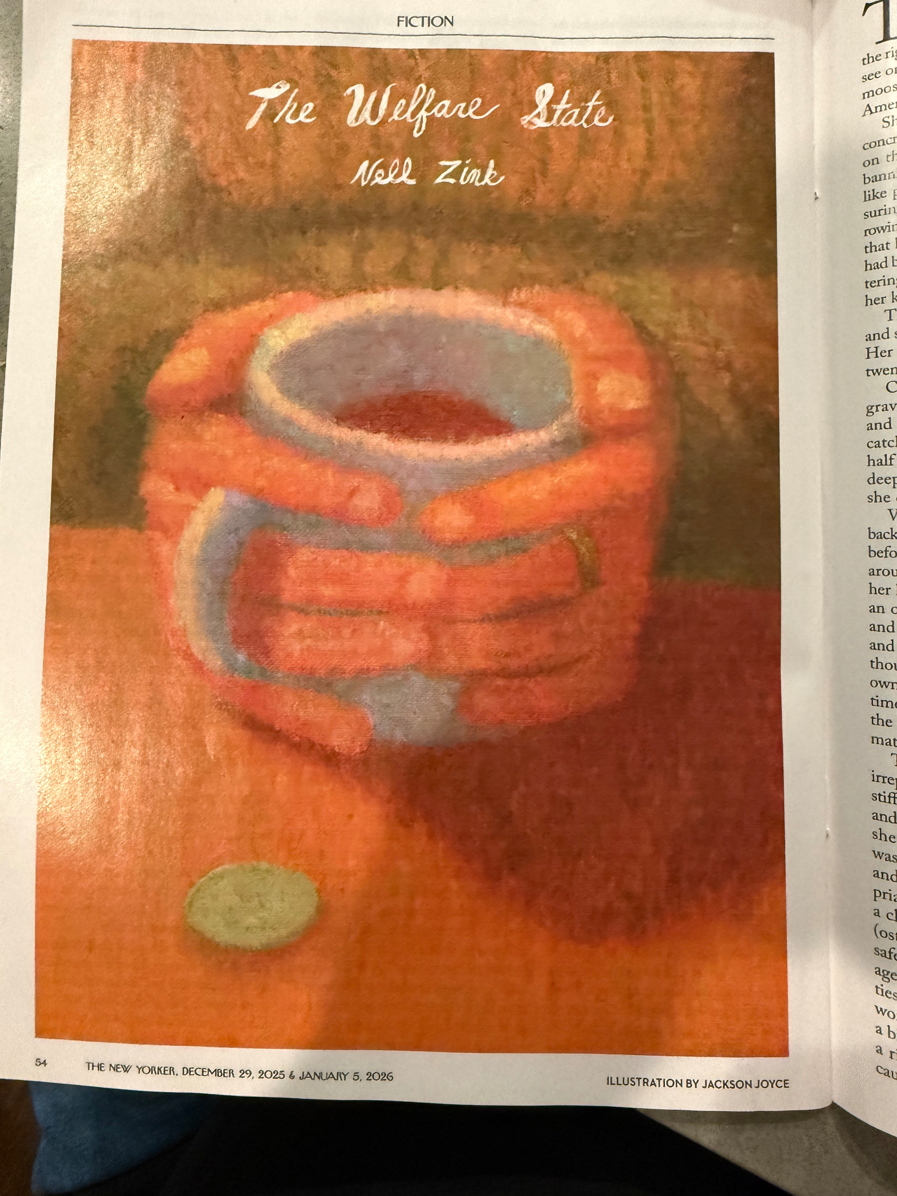 A photo of a magazine cover article. The Wekfare State by Nell Zink. The image is a painting of two hands holding a cup of hot chocolate with a 5 Swiss franc coin on the table. 
