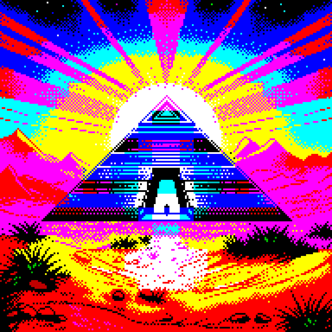 Pixel art of a neon-colored landscape with a central pyramid, radiant beams, mountains in the background, and a starry sky. A dark figure is standing in the huge entrance.
