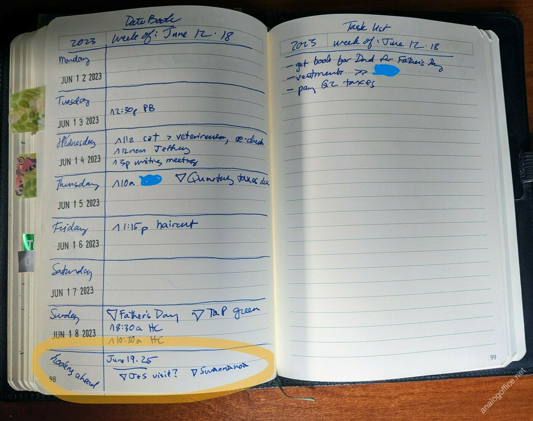 handwritten notebook pages with datebook and task list sections