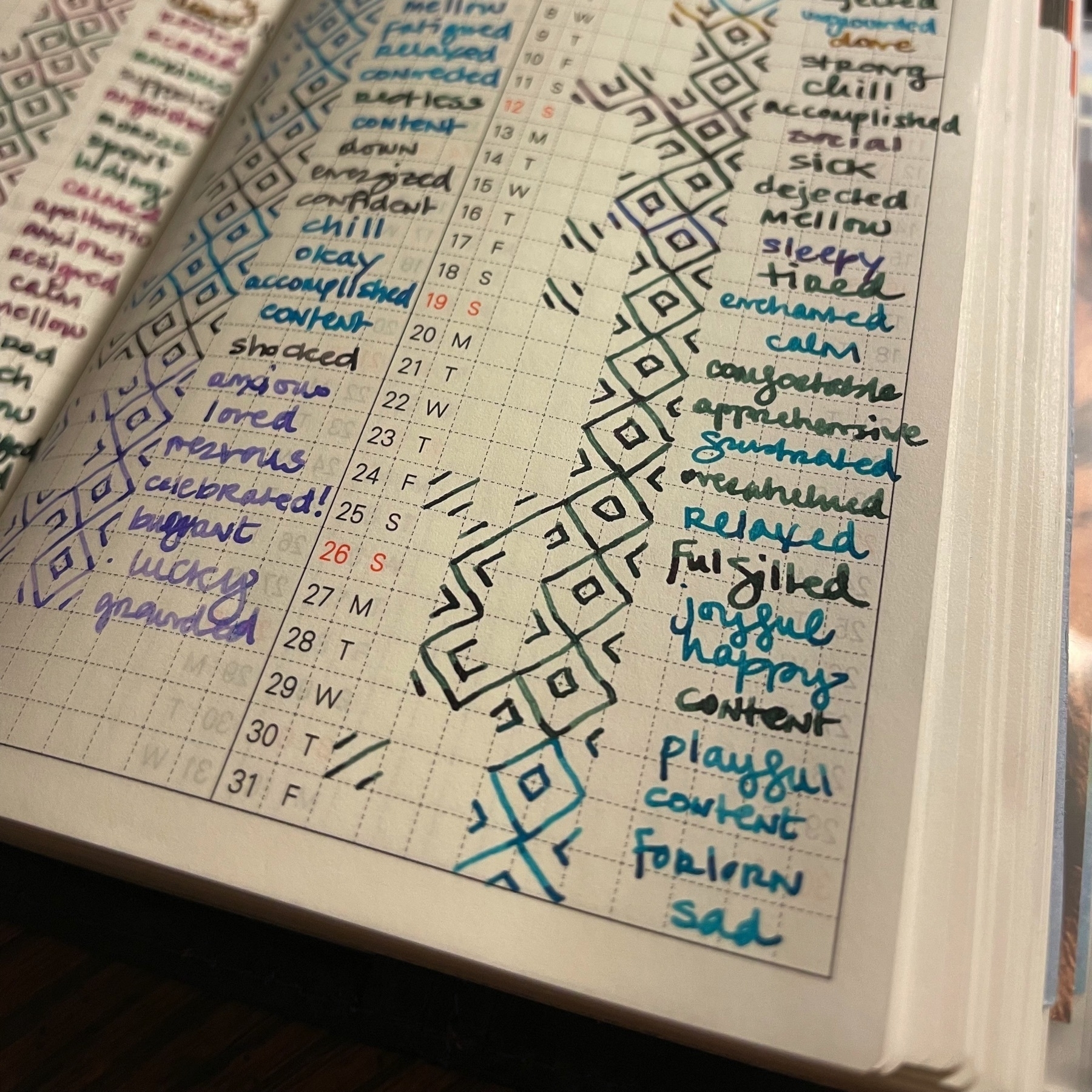 paper planner filled in with lines that form patterns in the planner's grid squares