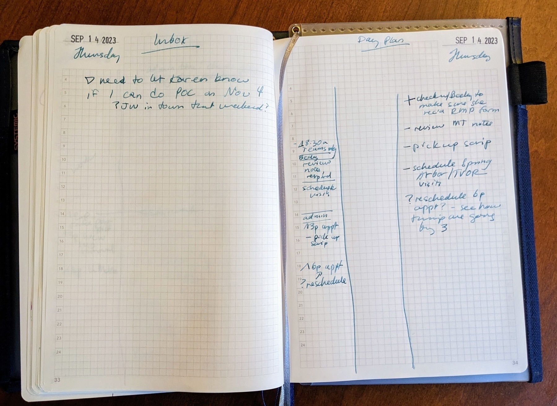 two page spread with inbox on the left page and a day plan with a timeline and task list on the right page