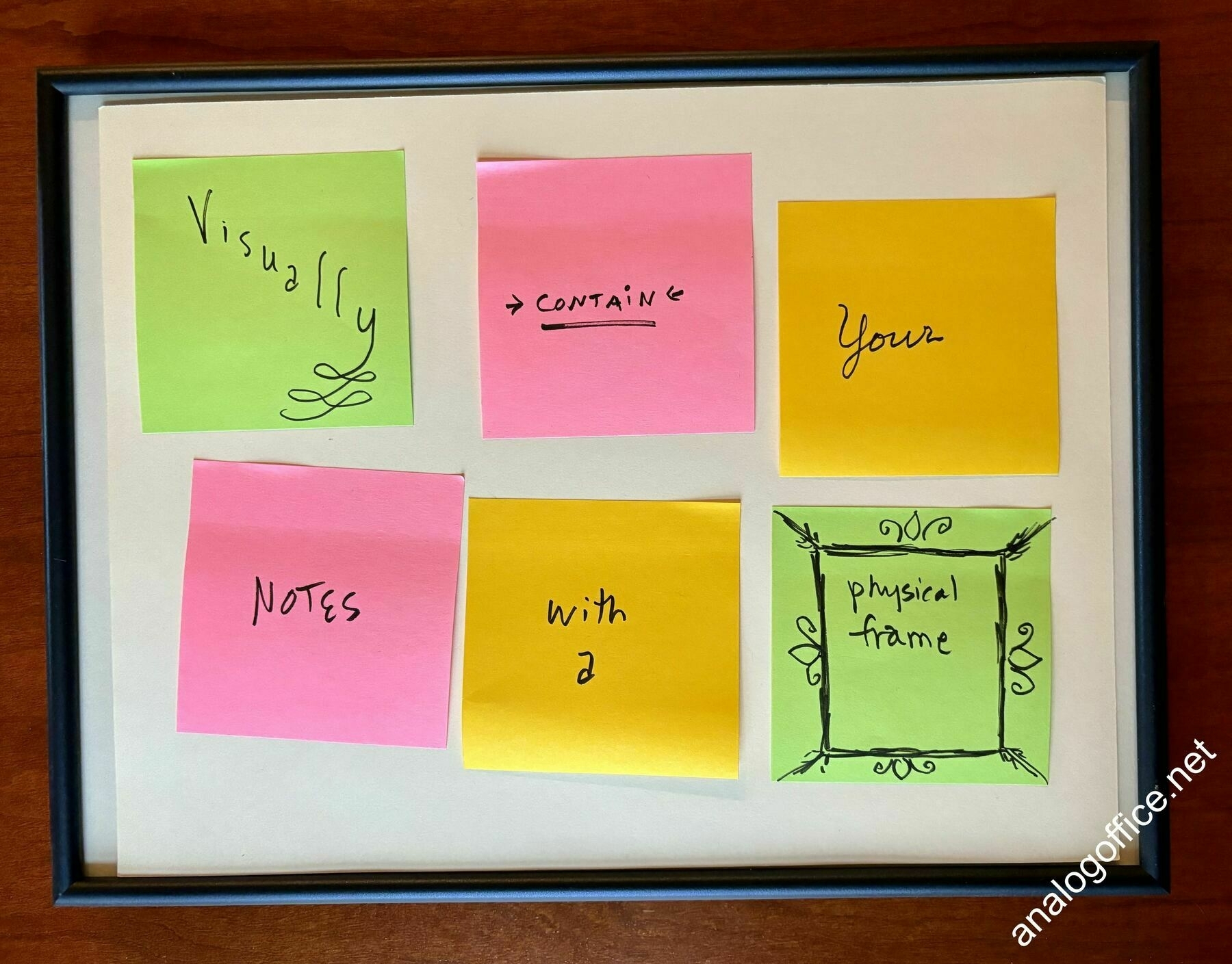 sticky notes on paper, in a frame