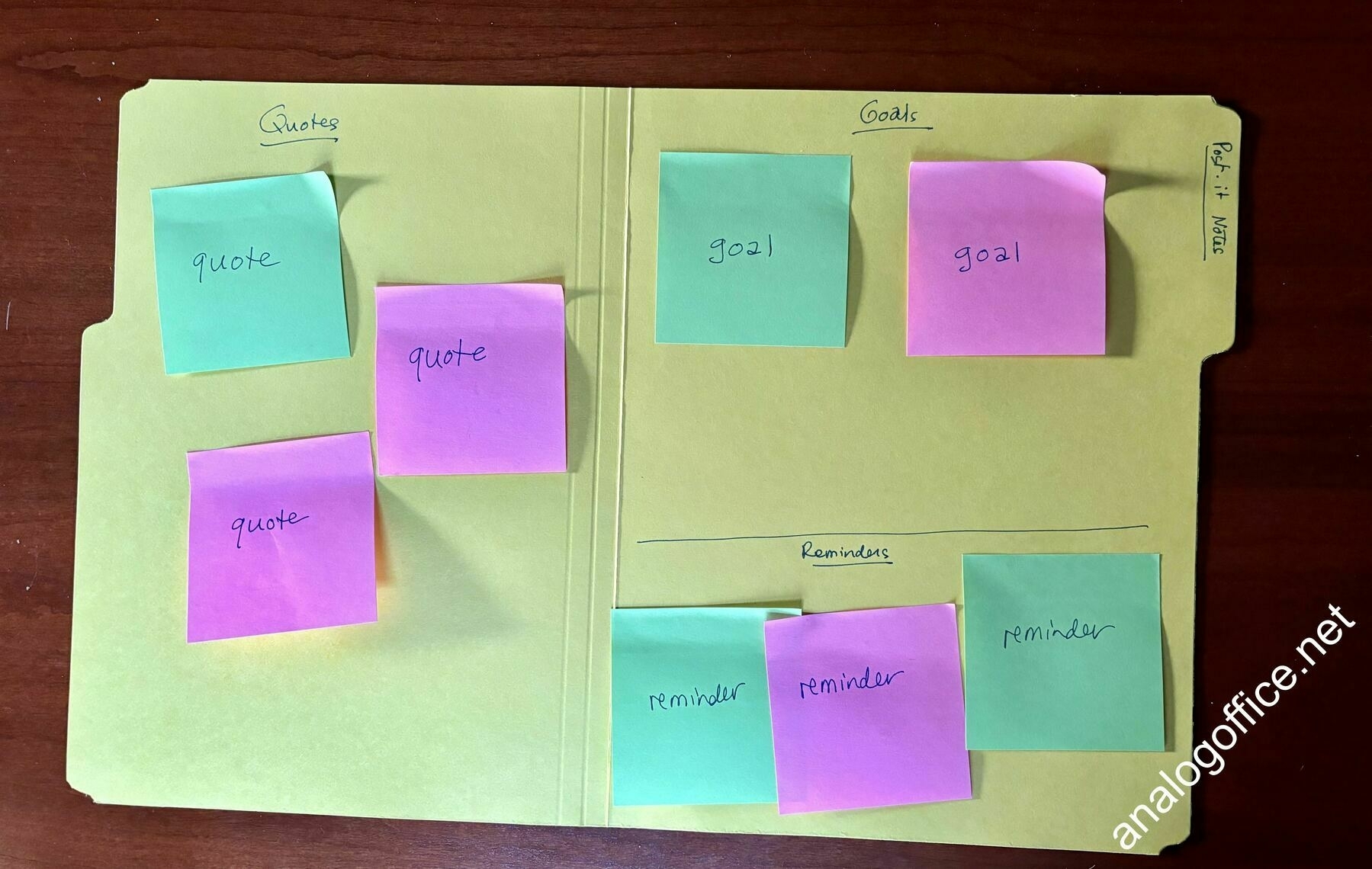 sticky notes in a folder with various sections blocked off for quotes, reminders, goals