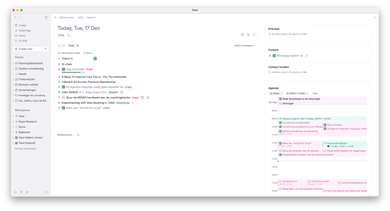 The interface of the Tana application showing the sidebar with a calendarcontaining both events and tasks