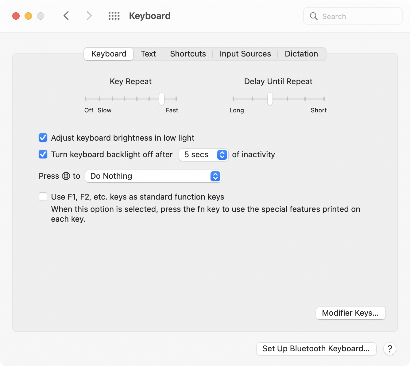 screenshot of Keyboard System Preferences on macOS