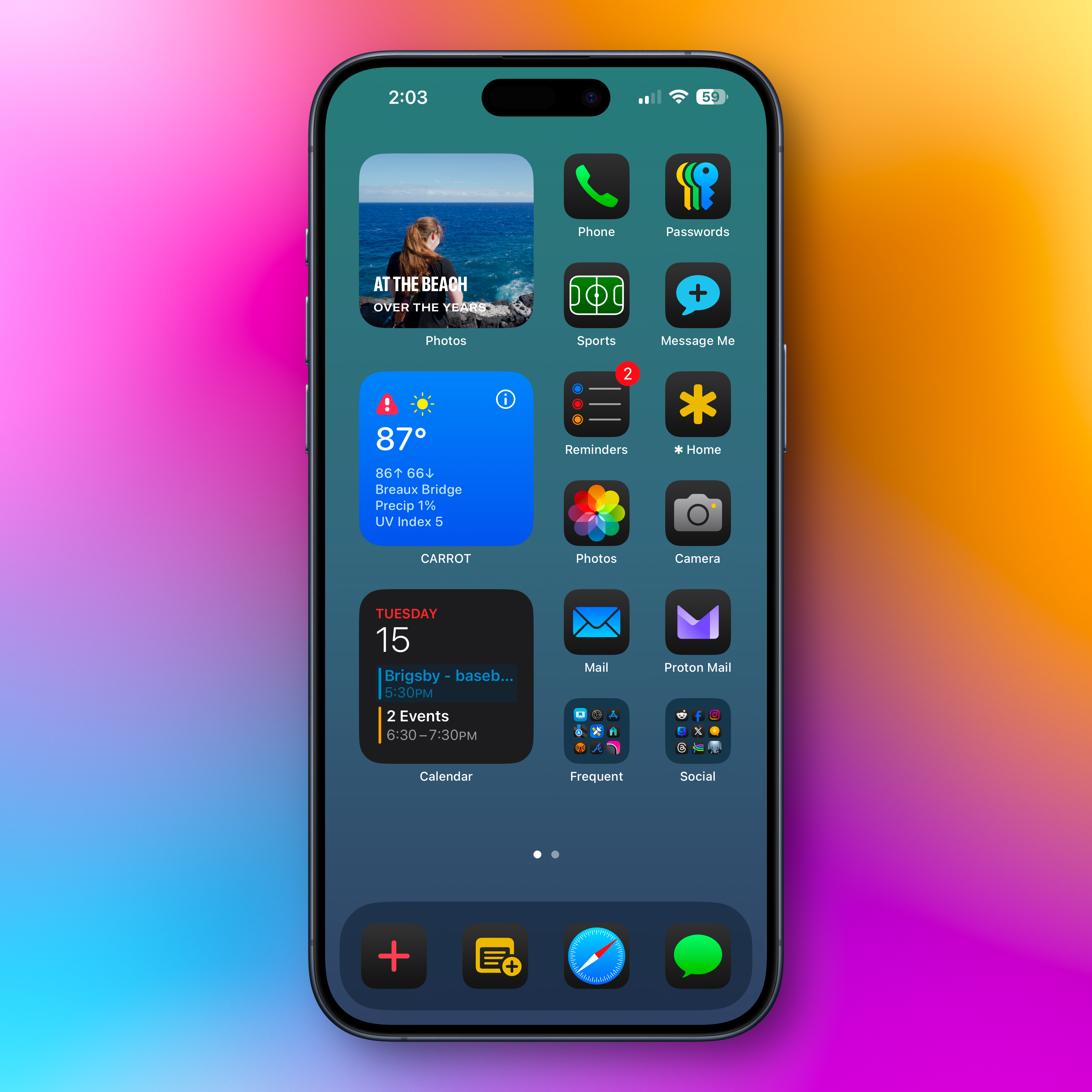 A smartphone home screen displays various app icons, widgets, and a colorful gradient background.