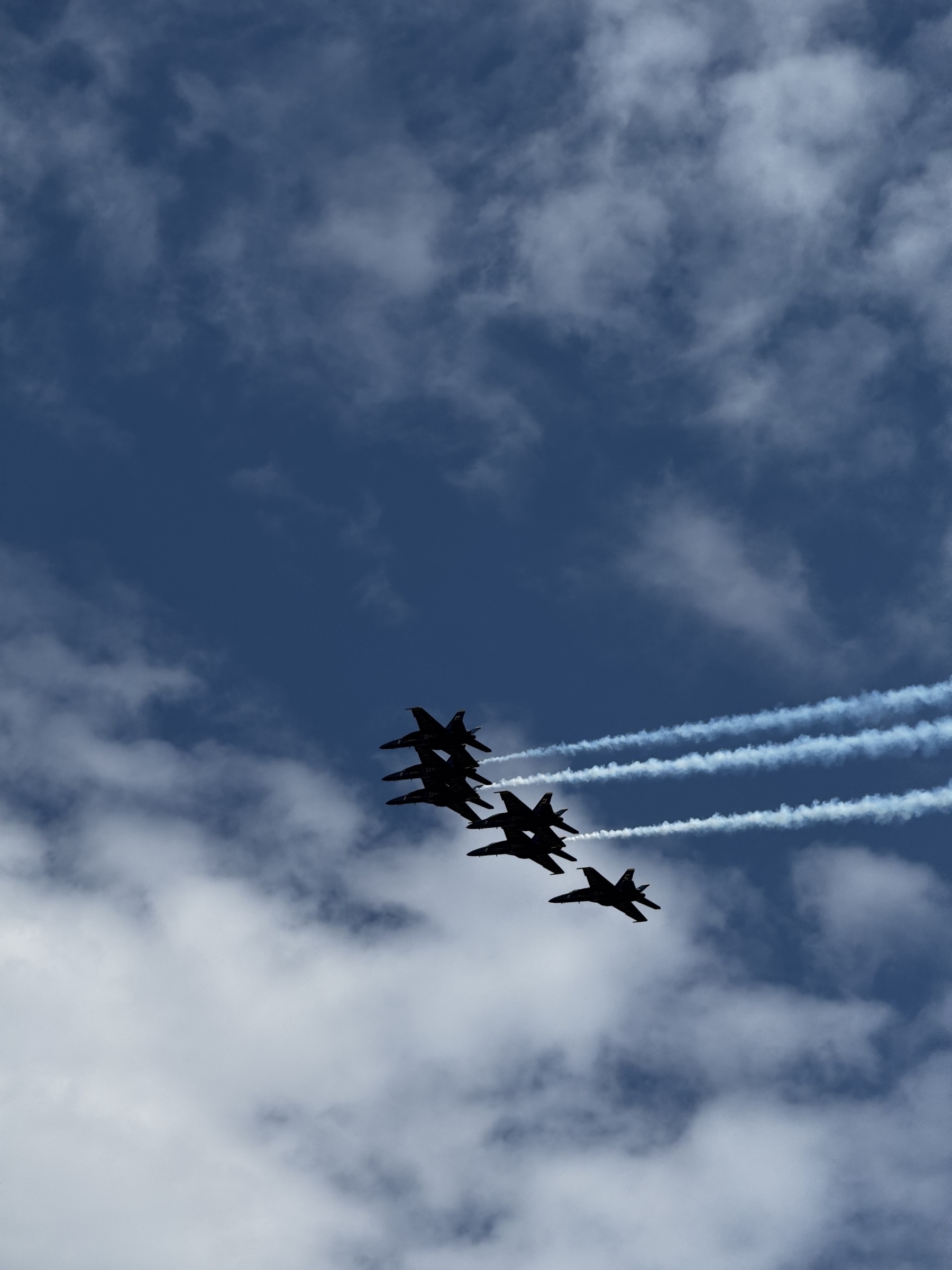 Five Blue Angel aircraft are flying in formation against a cloudy sky, leaving trails of smoke behind them.