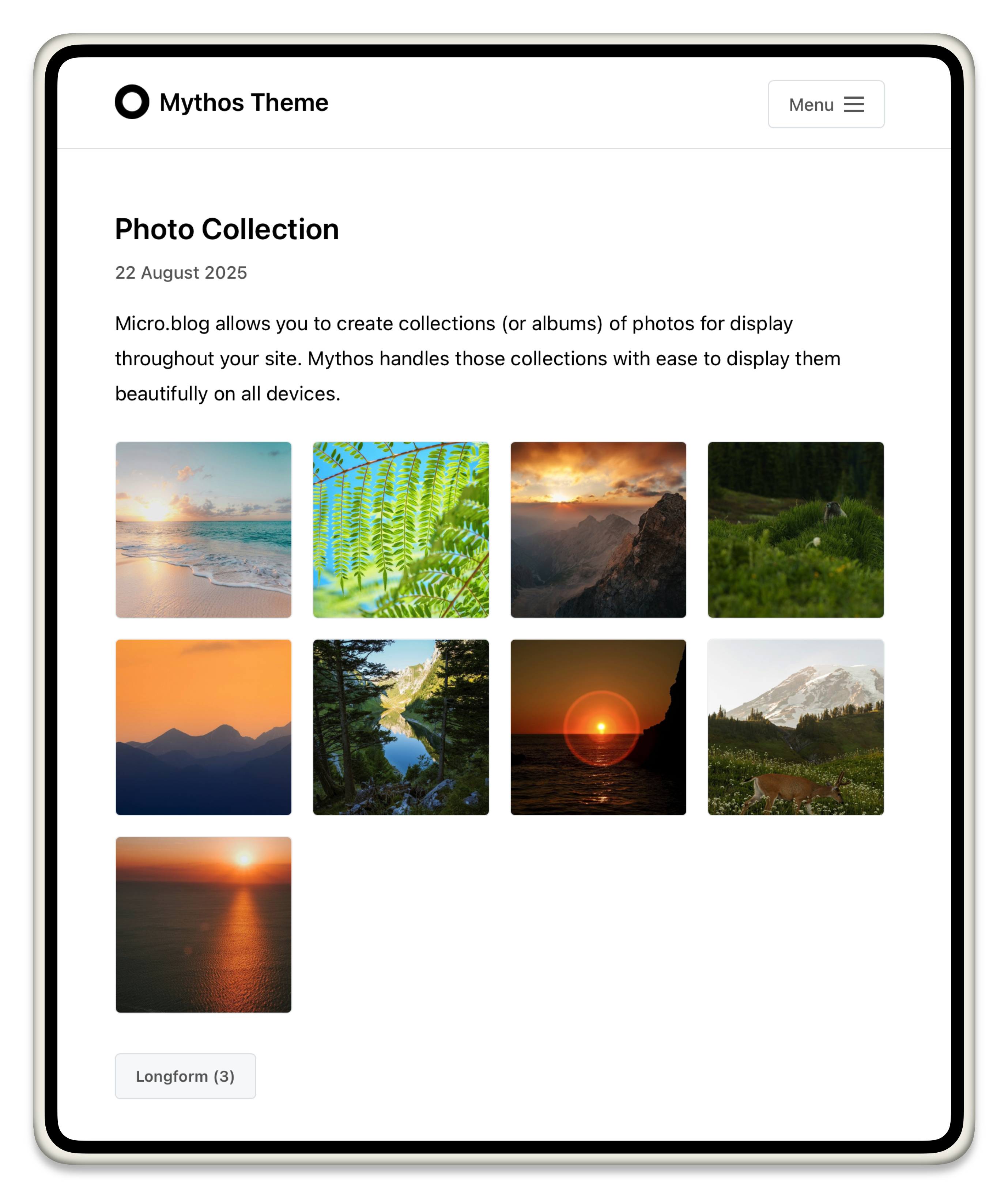 Auto-generated description: A photo collection is displayed featuring diverse nature scenes such as lakes, forests, mountains, and sunsets on a webpage using the Mythos theme with a menu option.