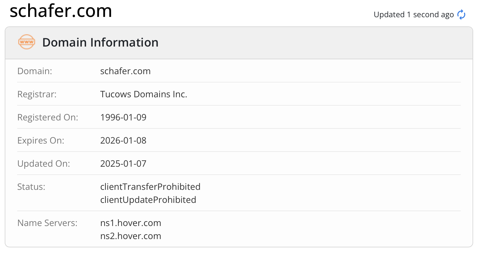 Whois information for the domain Schafer.com as of January 2025