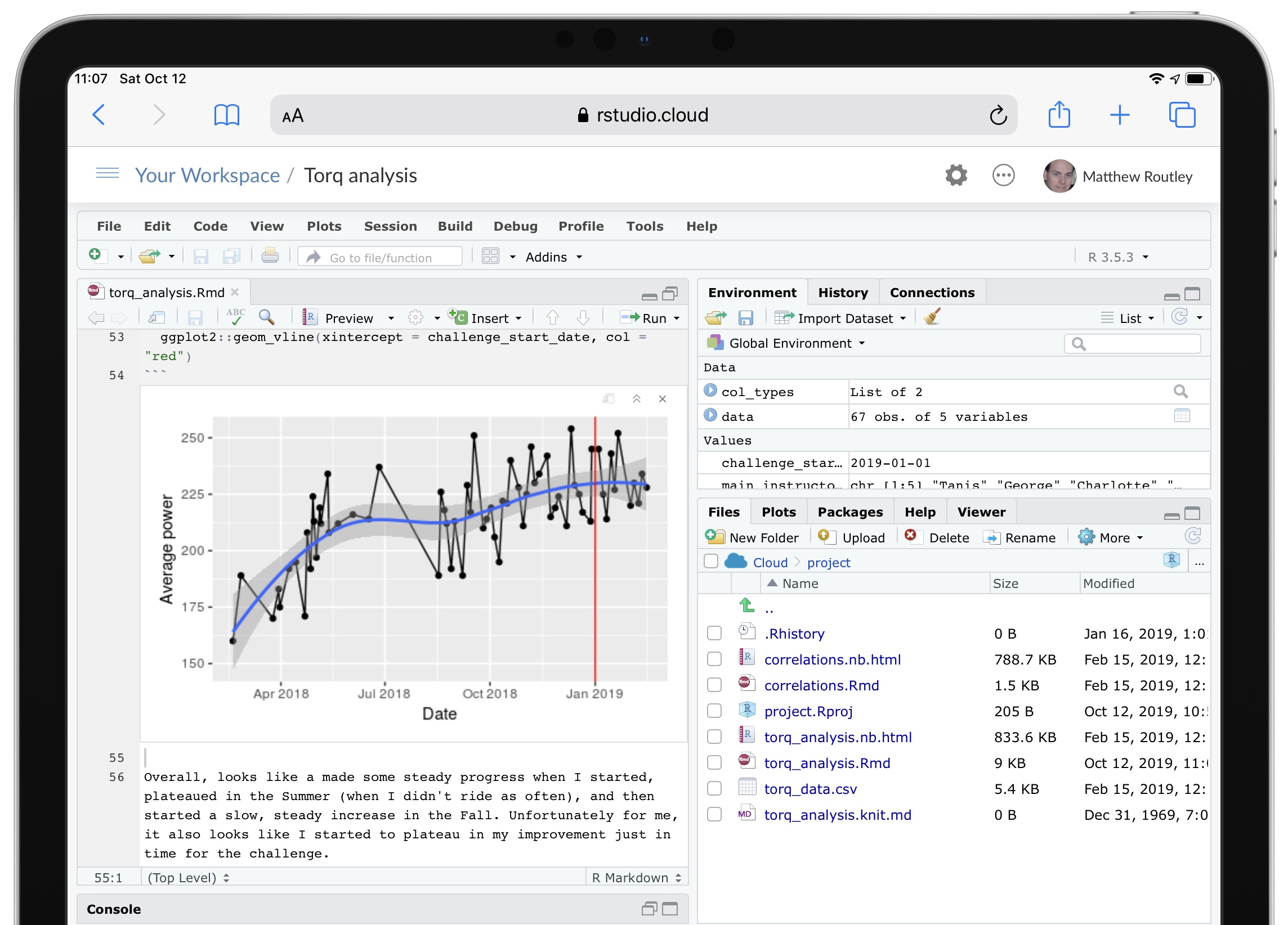 A screenshot of RStudio Cloud on the iPad