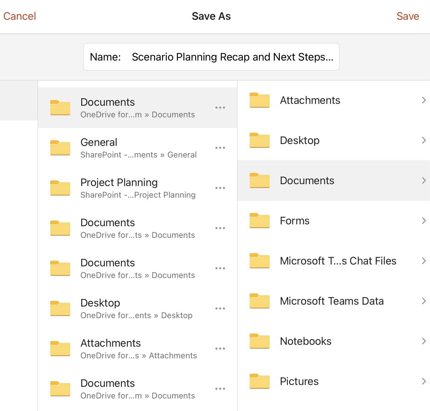 Screenshot of the save dialog showing many Documents folders
