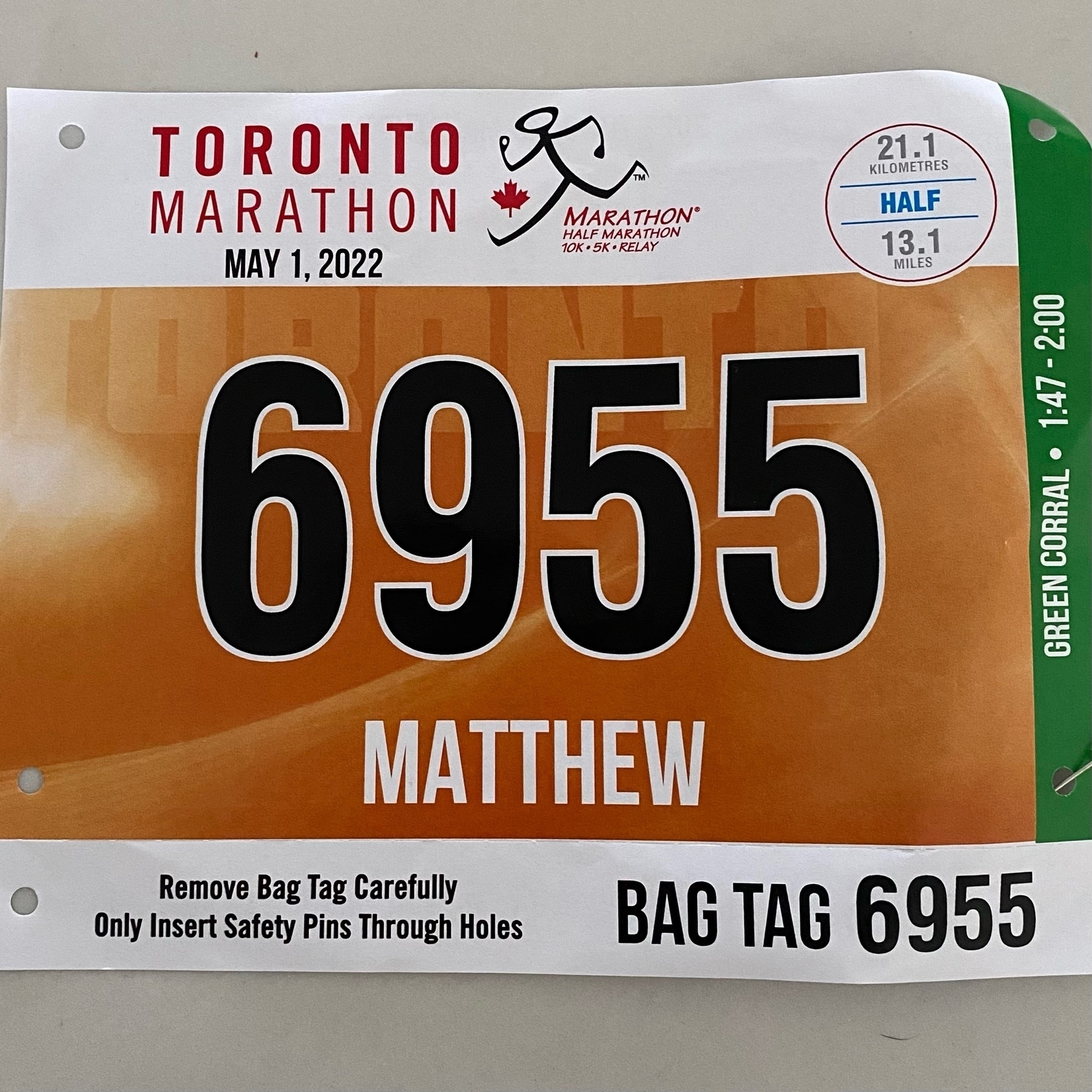 Race bib for the Toronto half marathon