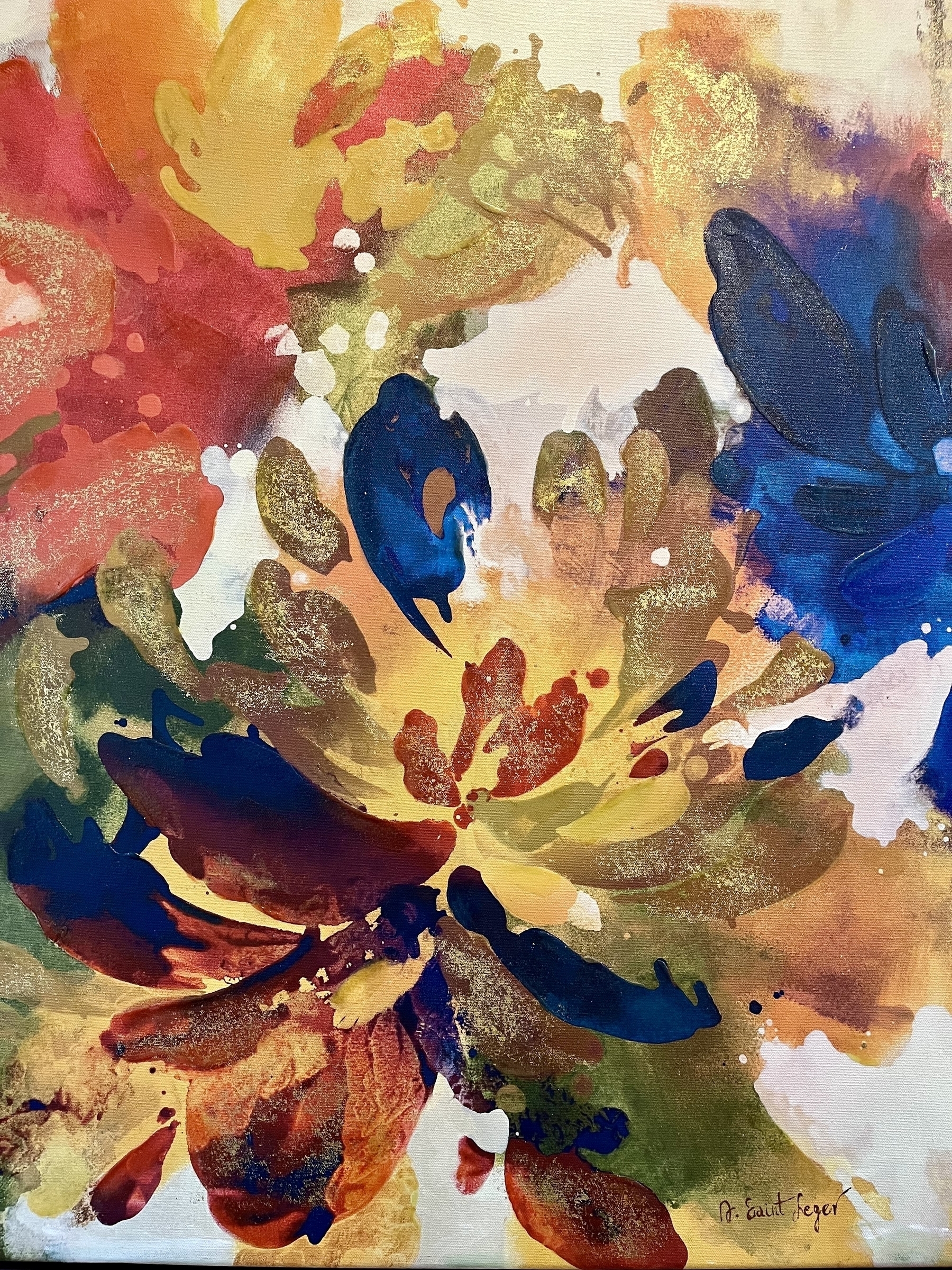 Close up of an abstract floral painting with lots of colours 