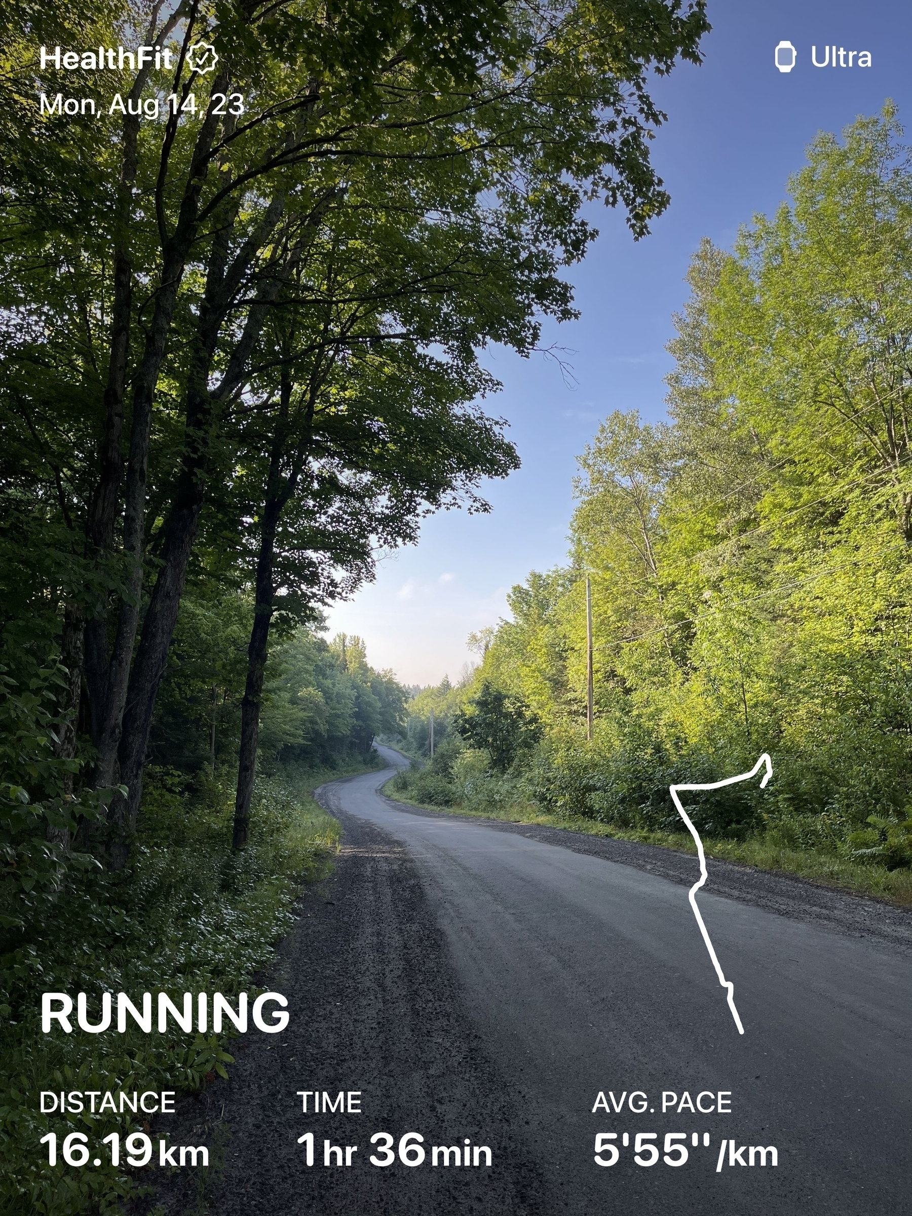 Gravel road winding through a forest with running stats overlaid: 16km 1hr35m
