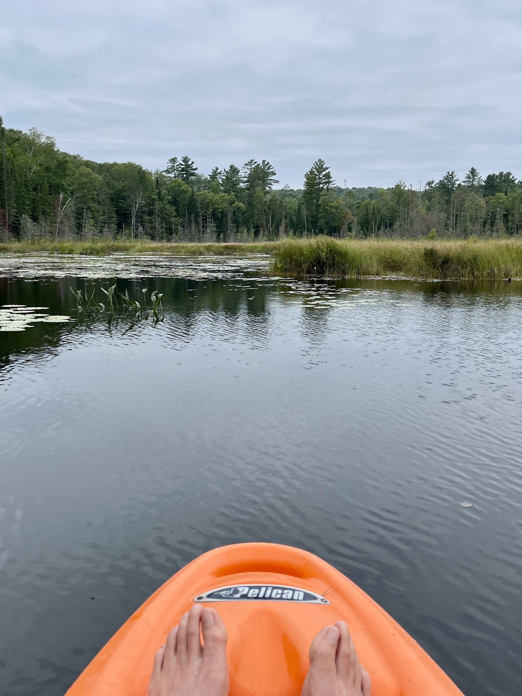 A view of the lake over the edge of the kayak