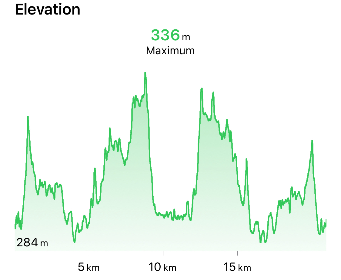 The elevation profile for the run: a really steep start and two steep climbs in the middle
