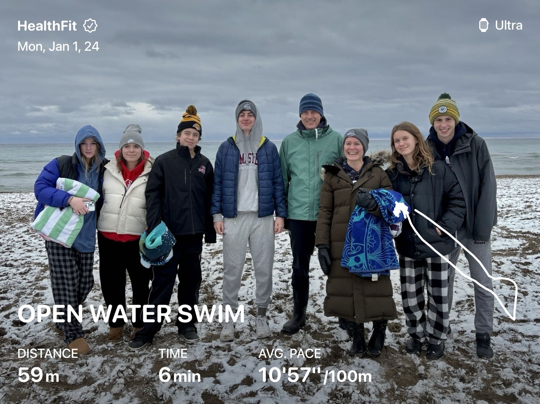 Group of people standing in front of a lake. All bundled up and getting ready for a swim