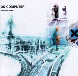 An abstract cover design for Radiohead's OK Computer features a surreal blend of colors, a highway, and layered textures.