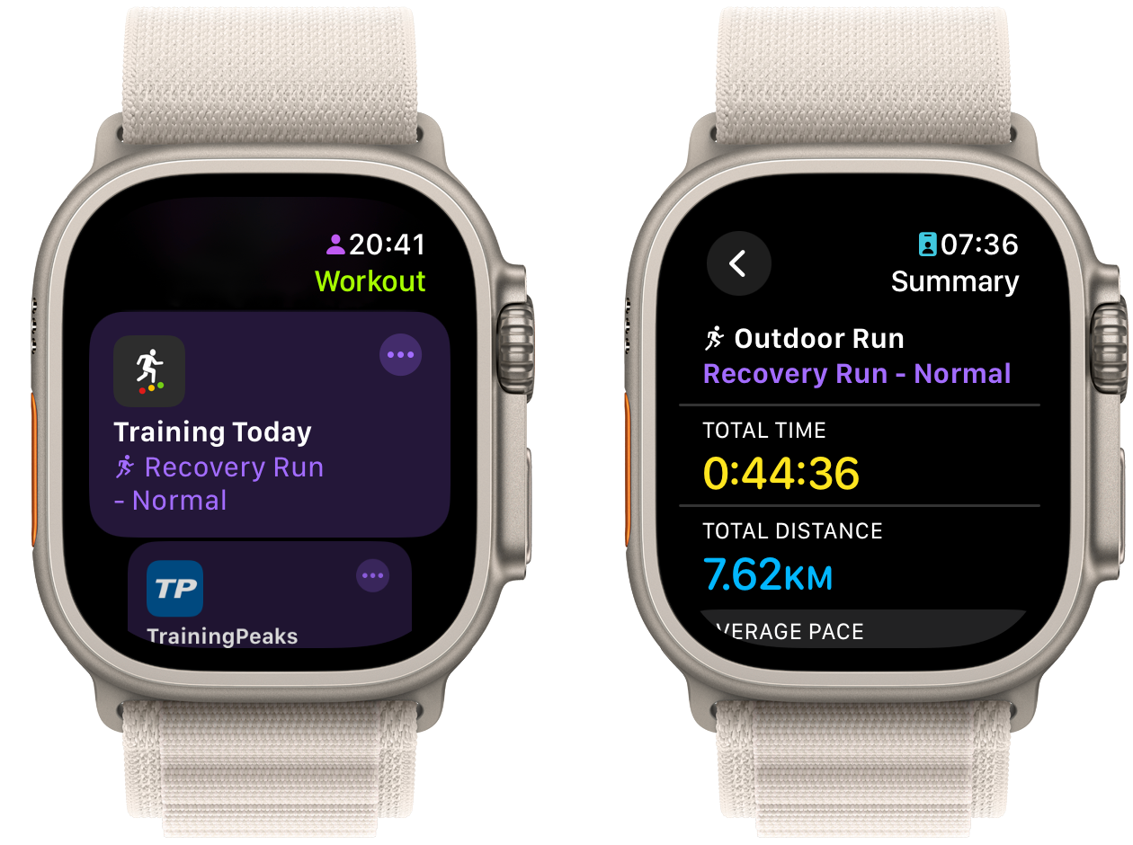 Apple Watch screenshots showing the Training Today workout in the Workout app and the summary screen after the run is complete