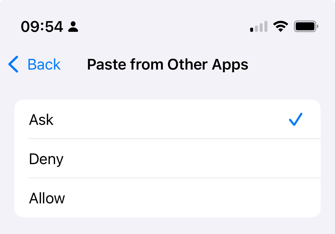 A mobile screen prompt displays options for pasting from other apps, including "Ask," "Deny," and "Allow," with "Ask" currently selected.