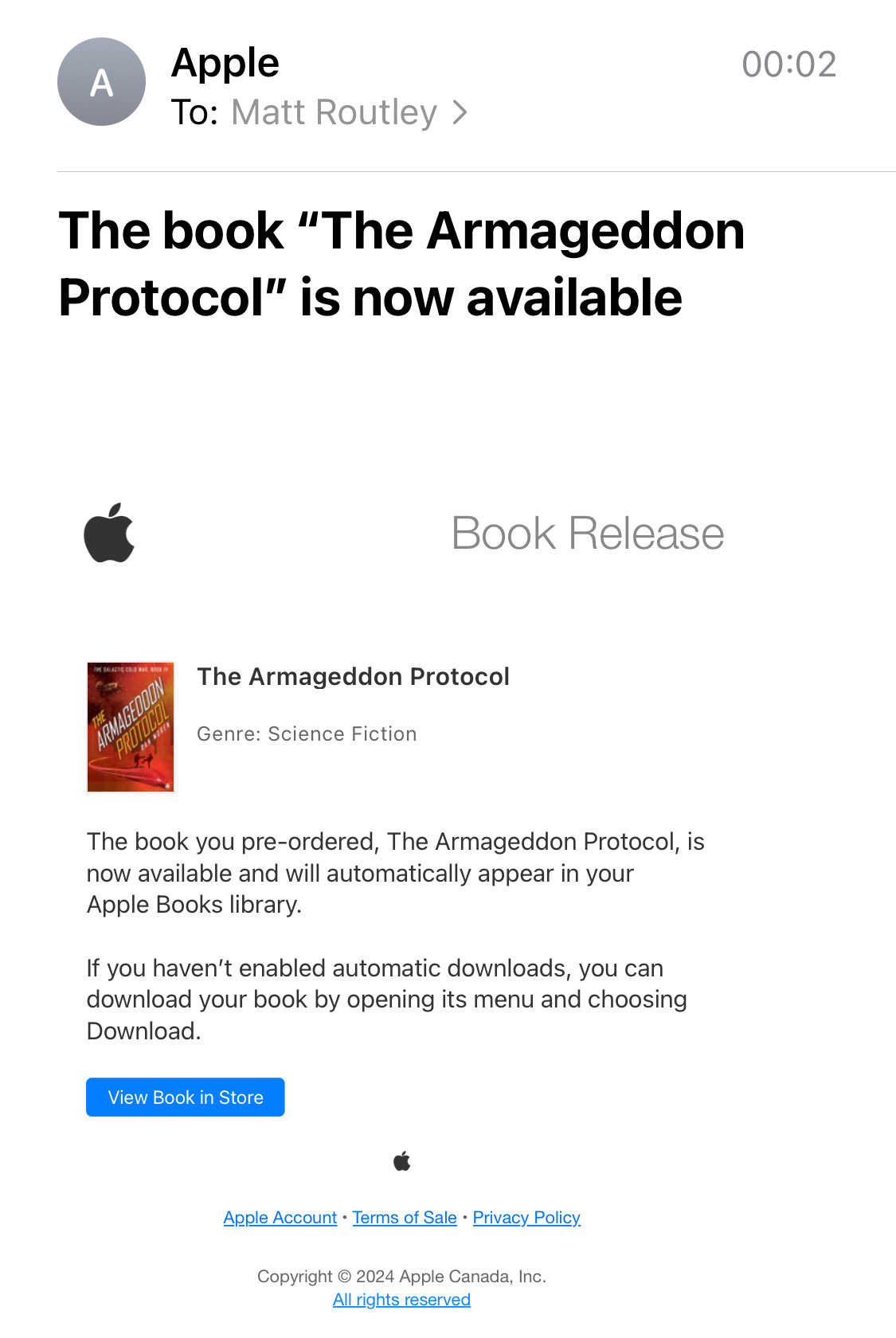 Email from Apple Books that “The Armageddon Protocol” is now available 