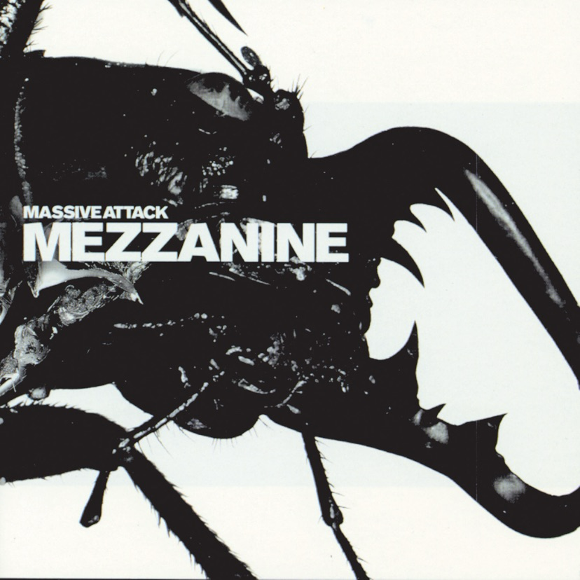 Auto-generated description: A close-up of a black insect is featured on the album cover for Massive Attack Mezzanine.