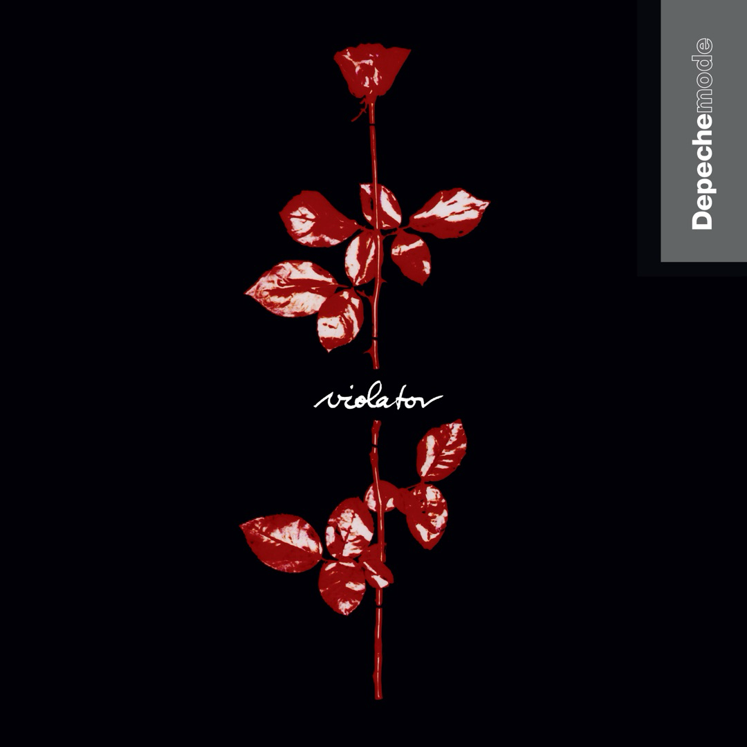 A red rose with the word violator written in cursive is centered on a black background, accompanied by the text Depeche Mode on the side.