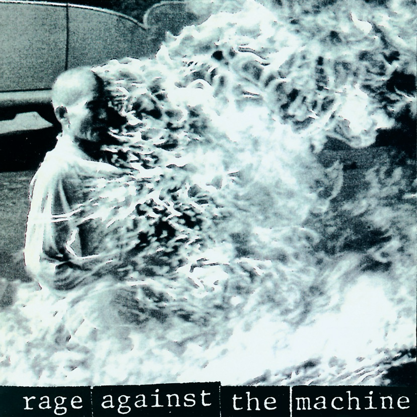 Auto-generated description: A black and white photo shows a person engulfed in flames with the text rage against the machine at the bottom.