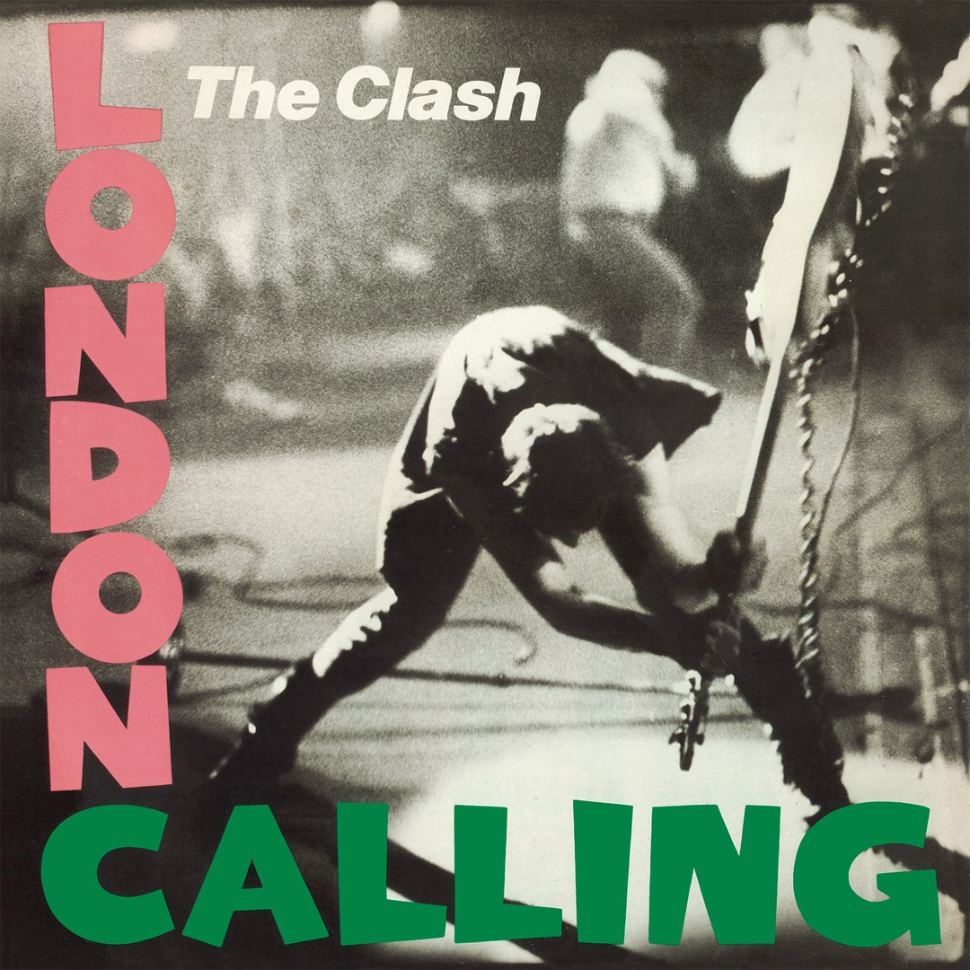 Auto-generated description: A black-and-white photo of a musician smashing a guitar on stage is overlaid with the words The Clash London Calling.