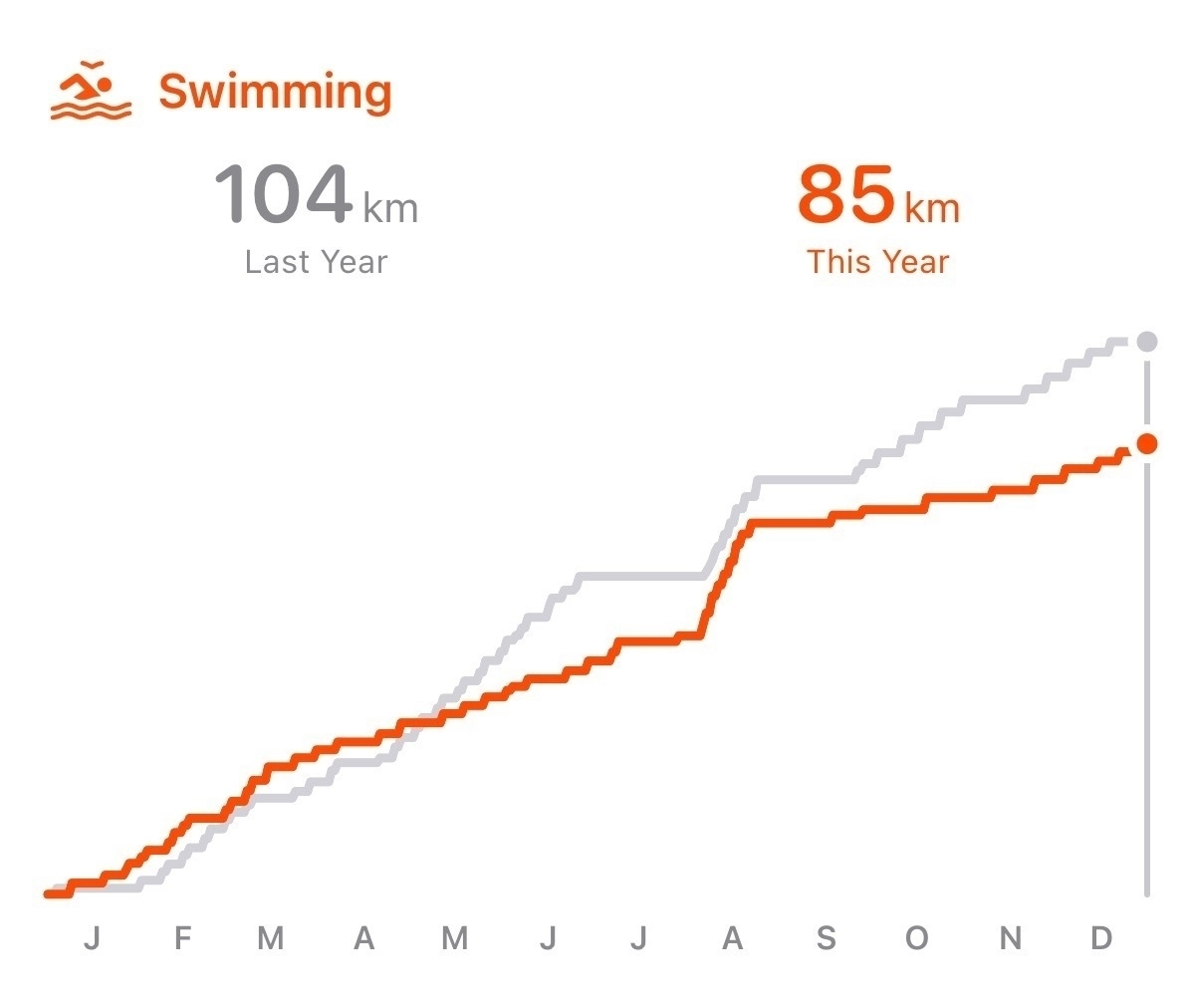 Cumulative swimming totals for 2023 (85 km) and 2022 (104 km)