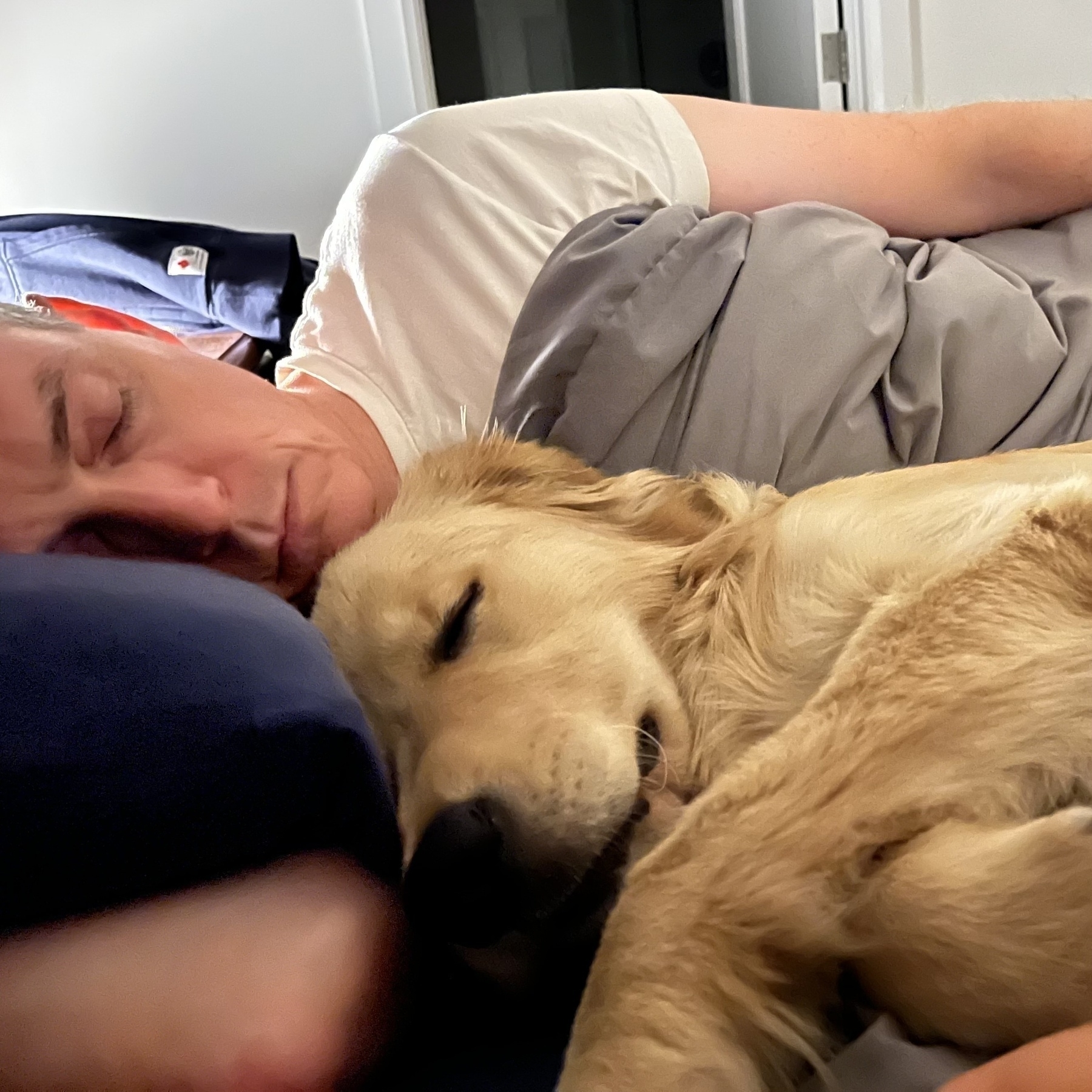 A person is sleeping peacefully on a bed with a golden retriever resting beside them.