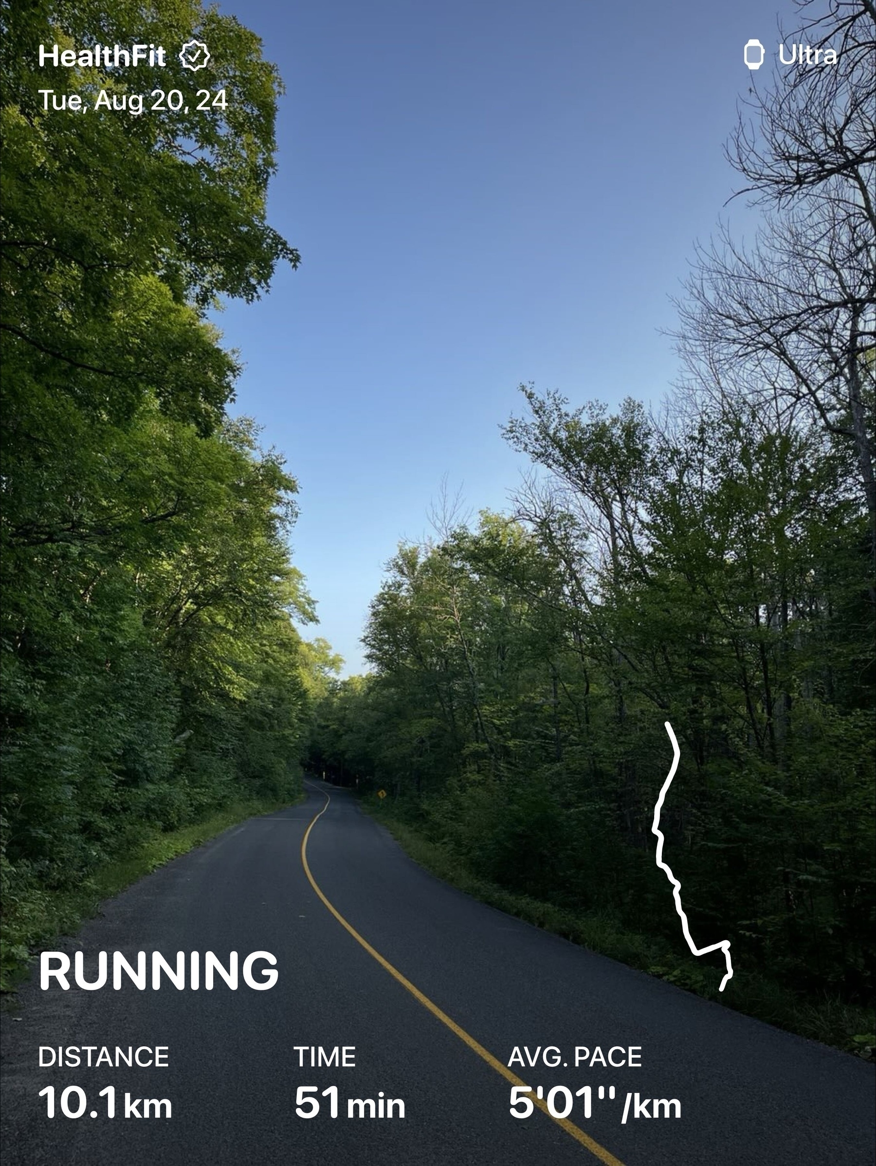 A winding road flanked by lush greenery is shown on a running app screen, displaying a run distance of 10.1 km, a time of 51 minutes, and an average pace of 5'01"/km.