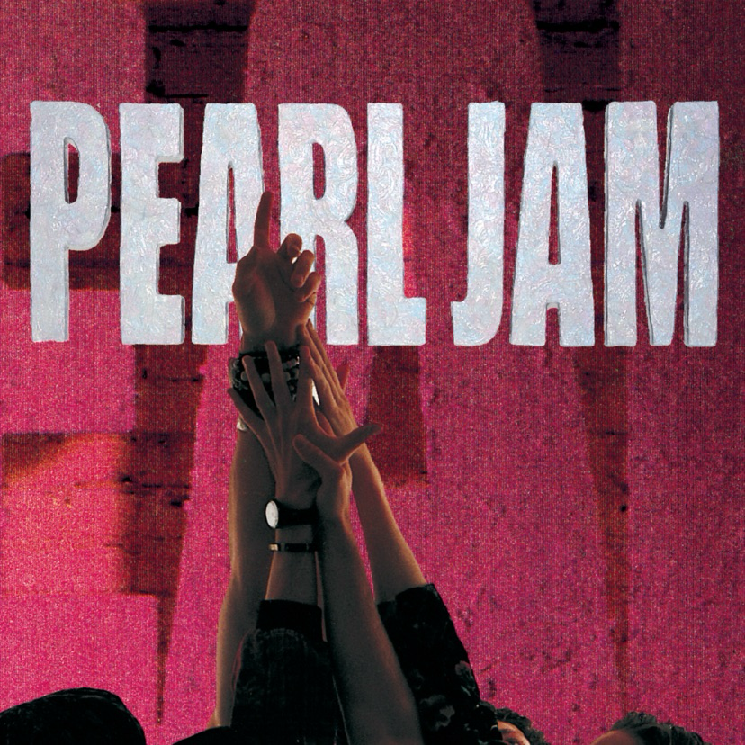 A group of hands reaching upwards is shown against a red background with the text Pearl Jam at the top.