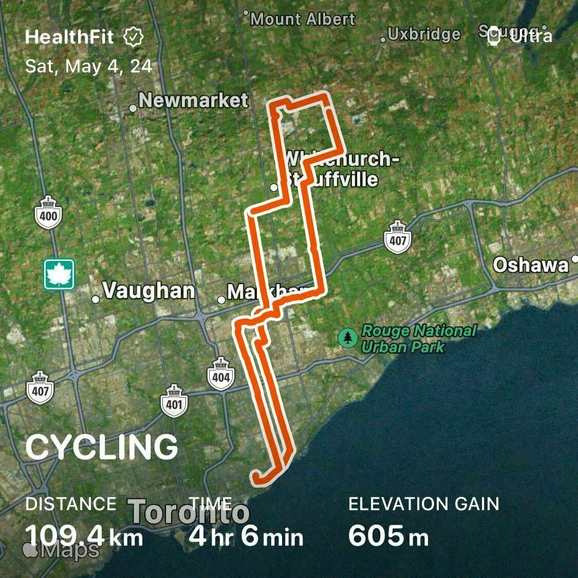 Auto-generated description: A GPS-tracked map showcases a 109.4 km cycling route completed in 4 hours and 6 minutes with an elevation gain of 605 meters, passing through areas near Vaughan, Newmarket, and close to Rouge National Urban Park.