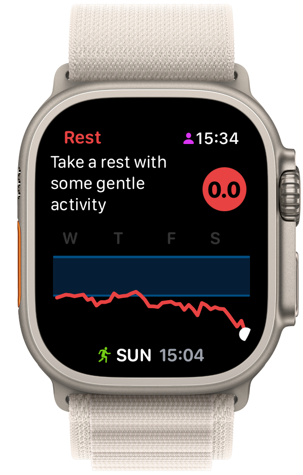 A smartwatch display shows a rest reminder with a gentle activity suggestion, heart rate data, and the current day and time.