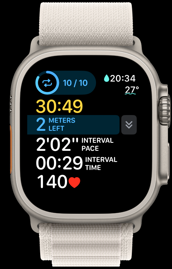 An Apple Watch Ultra display shows exercise metrics, including duration, distance left, interval pace and time, heart rate, and current time and temperature.