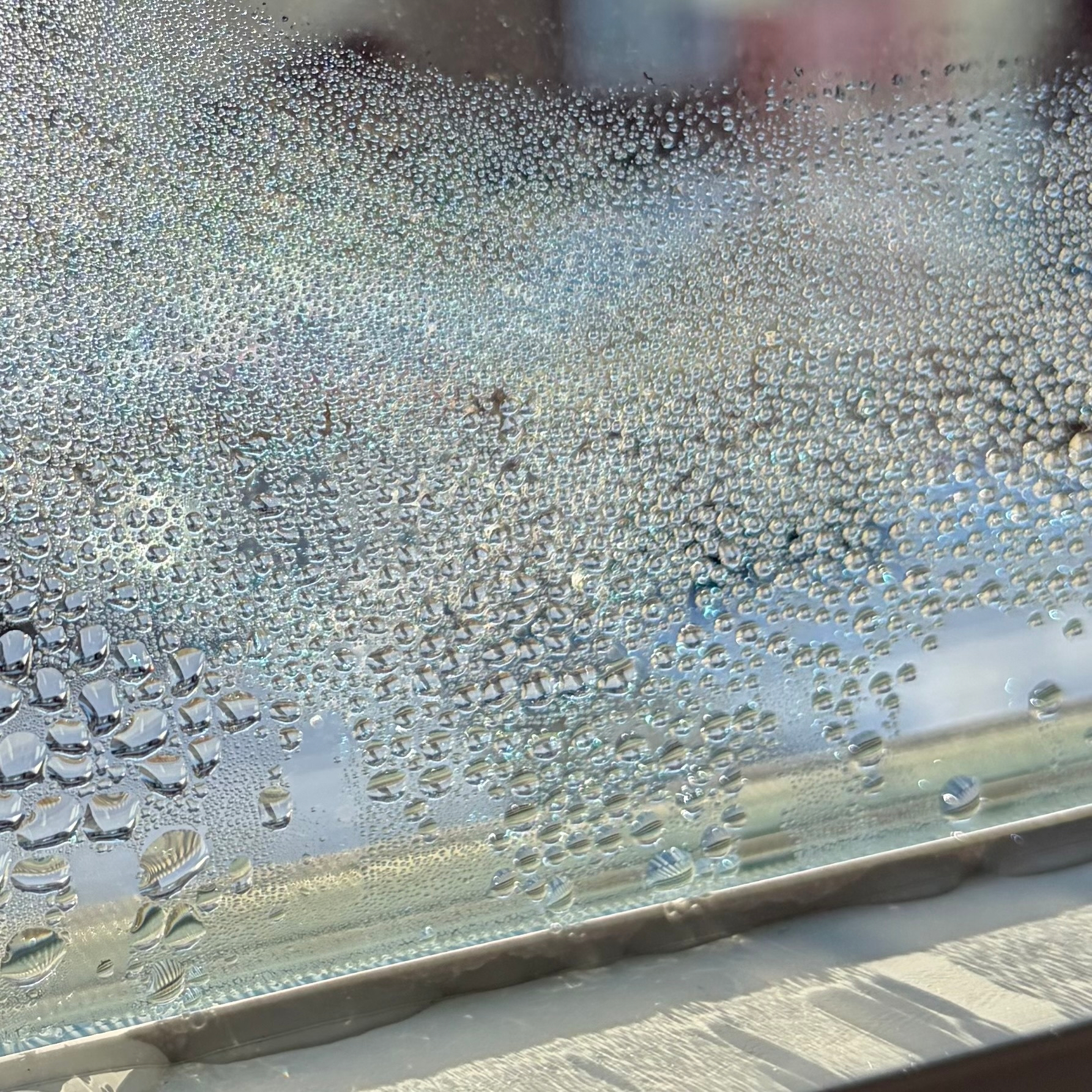 Water droplets are accumulated on a frosty window, reflecting sunlight.