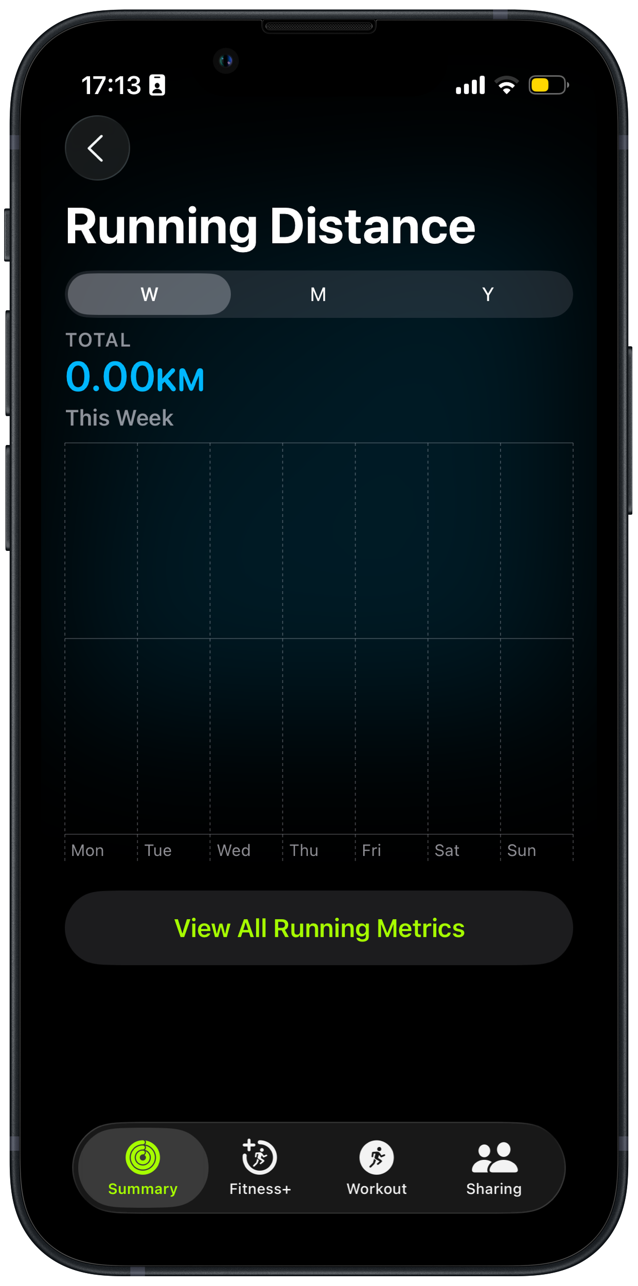 A smartphone screen displays a running distance tracker app showing a total of 0.00 km for the week with options to view all running metrics.