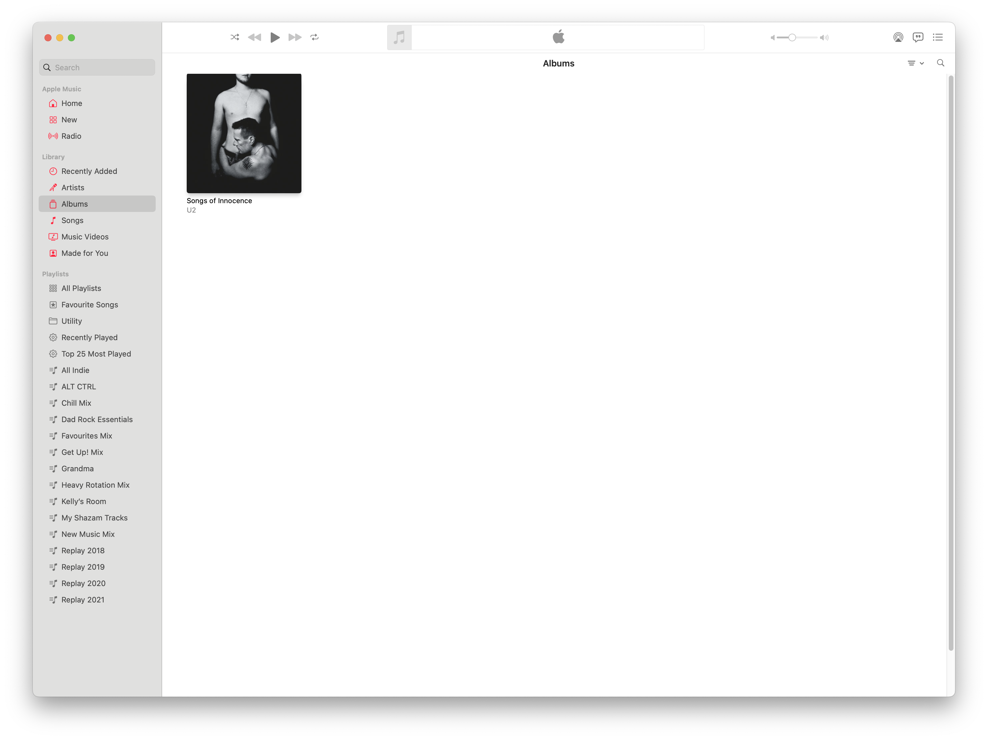 Screenshot of the Apple Music app with only the Songs of Innocence U2 album in the library
