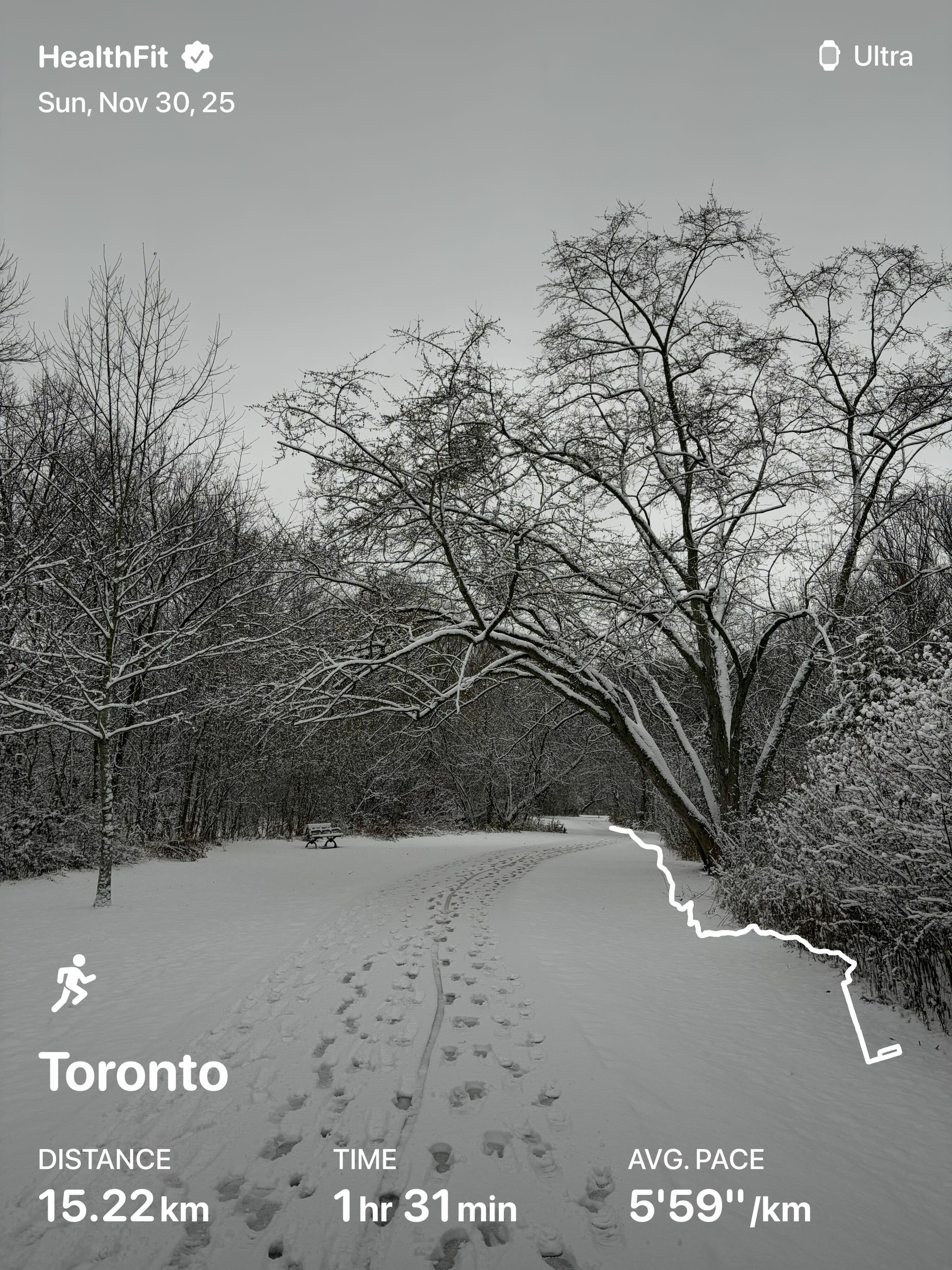 A snowy pathway lined with bare trees is shown alongside running statistics indicating a distance of 15.22 km in Toronto with an average pace of 5'59/km.