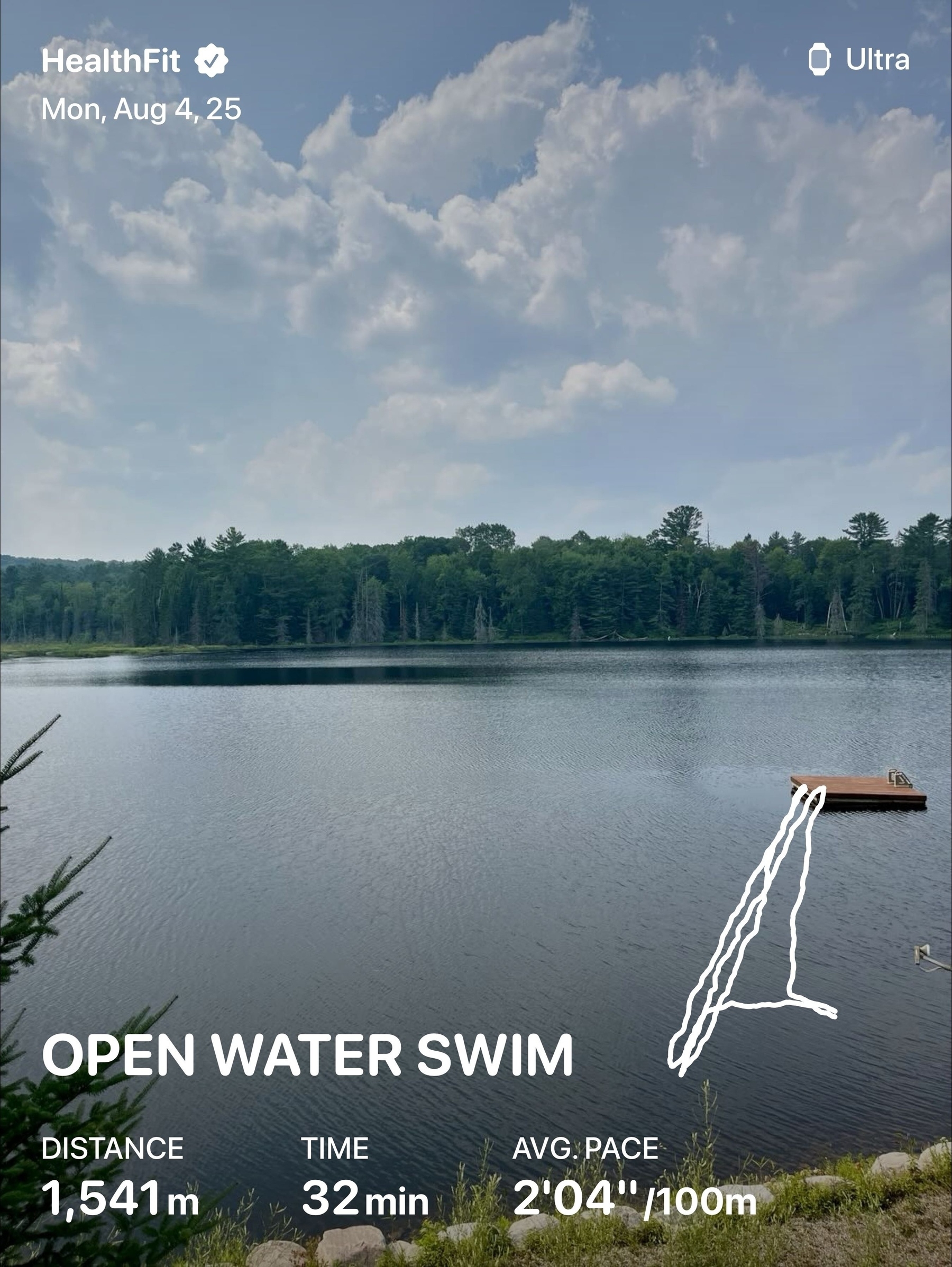A serene open water swim is taking place in a picturesque lake surrounded by lush trees, with performance metrics displayed at the bottom.